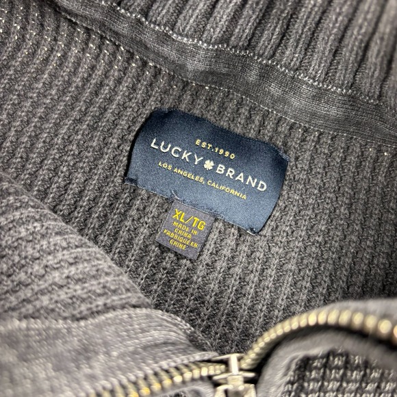 Lucky Brand Men's XL Gray Black Waffle Knit 1/4 Zip Mock Neck Pullover Sweater - Picture 3 of 5